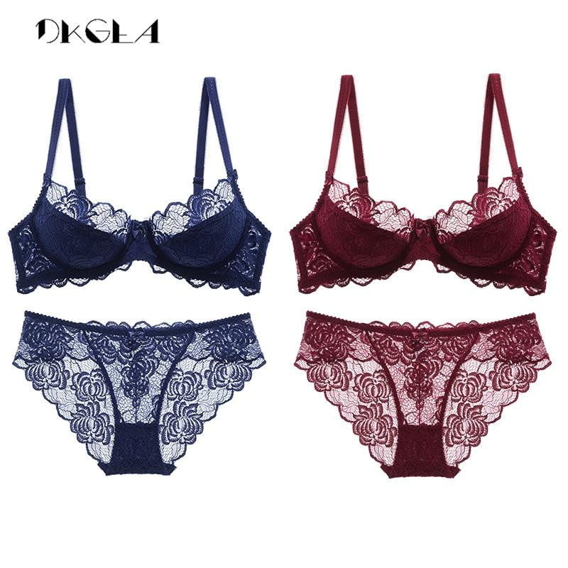 2 Piece Bra Sets Lace Hollow Sexy Underwear Set Plus Size Bras Ultrathin Women Lingerie Set Embroidery Bra Transparent Brassiere