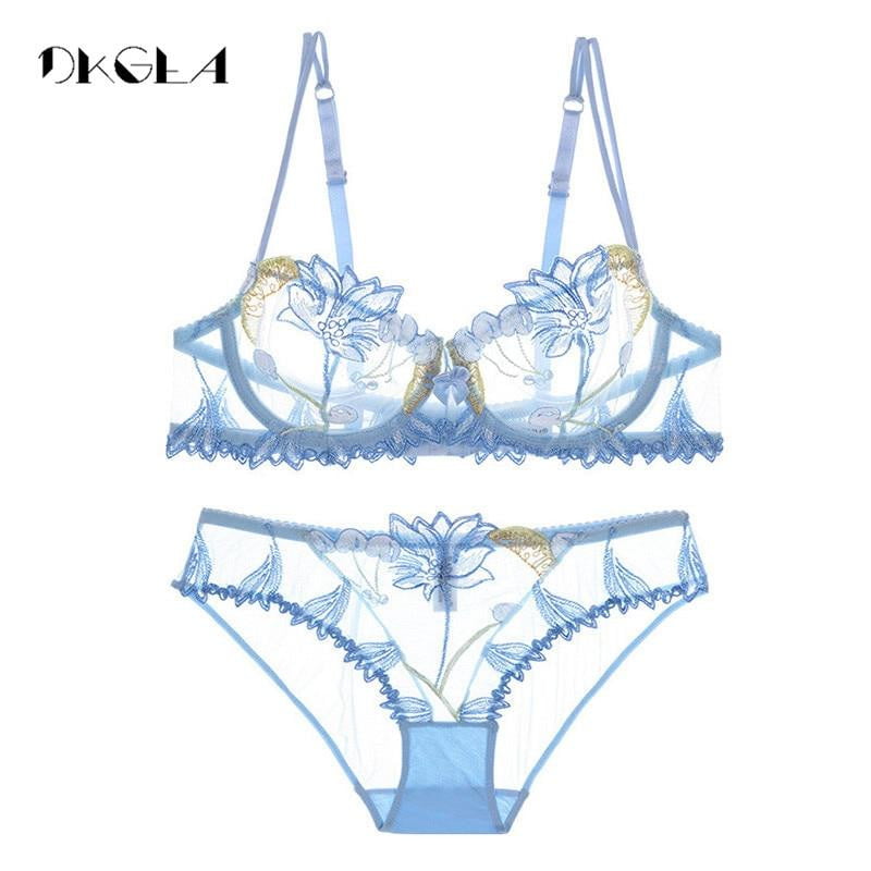 2019 Fashion Flowers Embroidery Lingerie Set Lace Blue Transparent Underwear Set Women Sexy Hollow out See Through Bra Pink