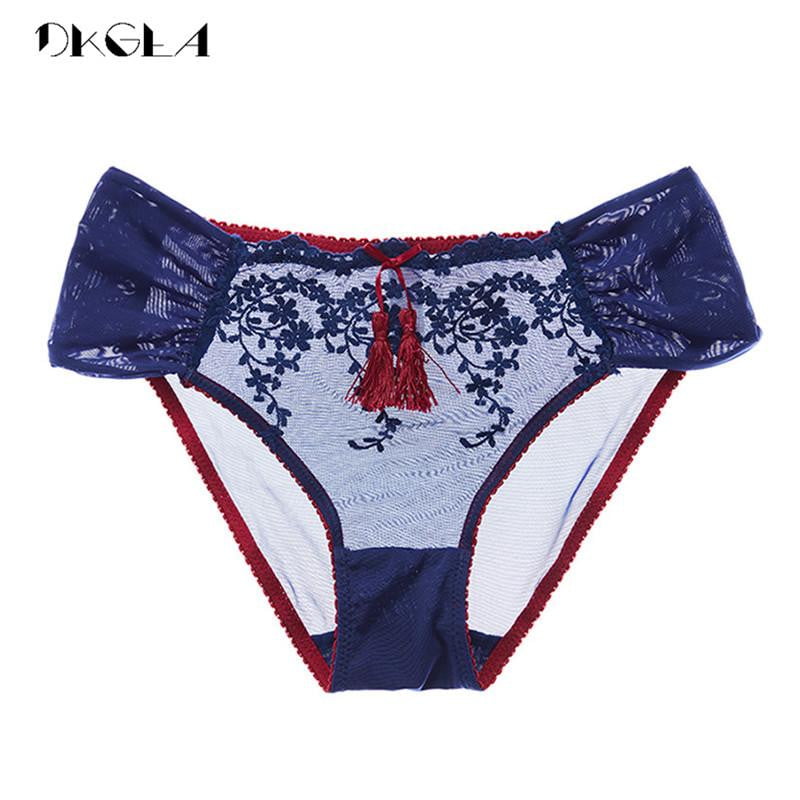 2019 Fashion Low-rise Transparent Panties Women Lace Underwear Embroidery Sexy Panty XL L Tassel Blue Briefs Hollow Out Flowers