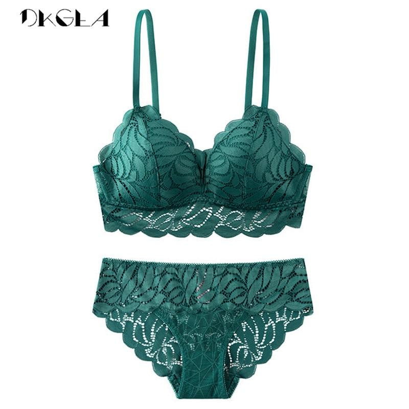 2019 Fashion Wire Free Brassiere Thin Cotton Bra And Panties Set Green Lace Lingerie Set Embroider Women Bra Sexy Underwear Set