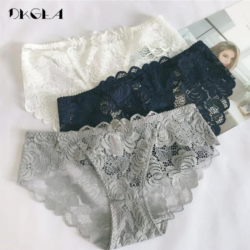 2019 New Sexy Panties 3 Piece White+Black+Blue Lace Underwear  Plus Size Low-rise Panty Transparent Women Briefs Embroidery