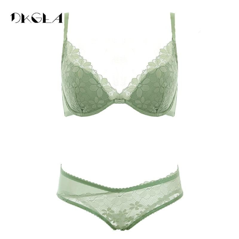 2019 New Sexy bra sets thin cotton brassiere embroidery underwear set women lace green bra and panty sets push size B C D cup