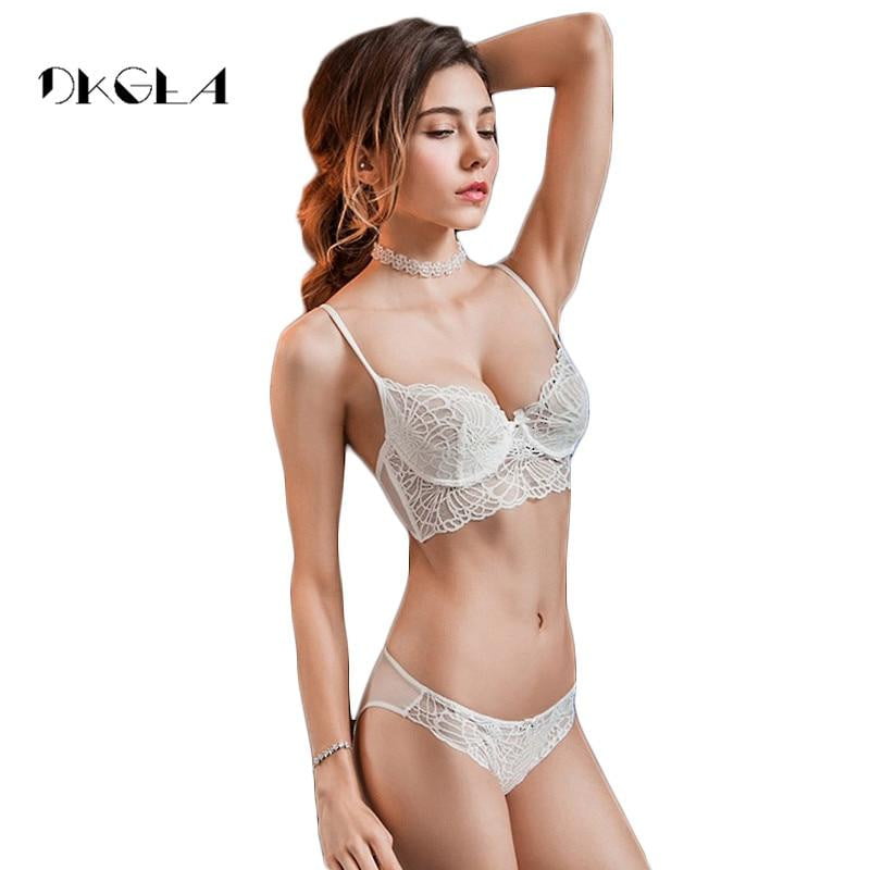 2019 New sexy bra set transparent brassiere White lace Underwear women set Ultrathin 3/4 Cup bra Black embroidery lingerie