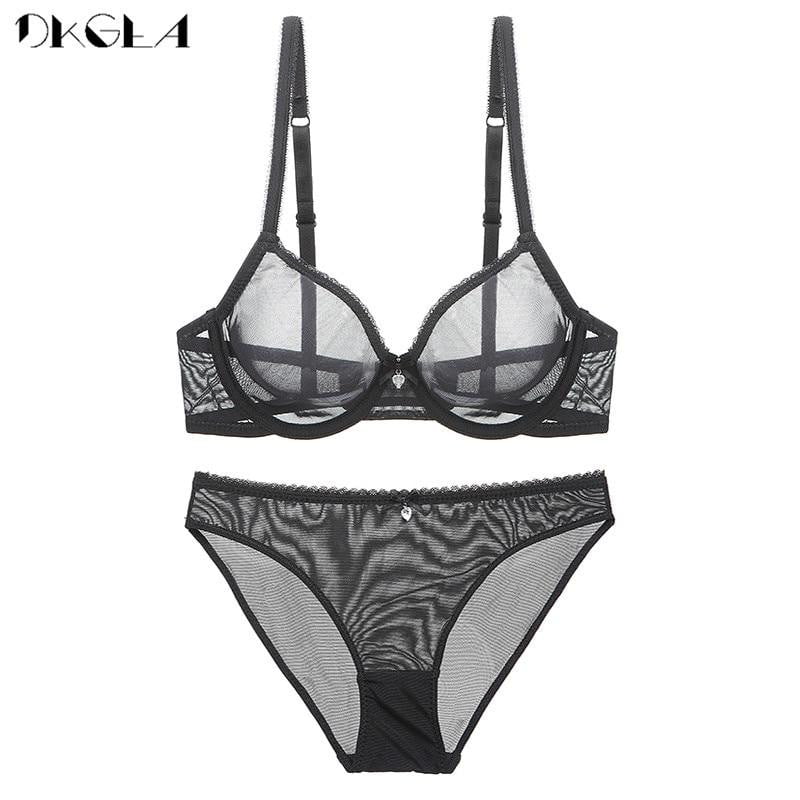 Classic Solid Black Brassiere Gauze See Through Bra Set Sexy Hollow Out Bras Transparent Underwear Sets For Women Lingerie 2019