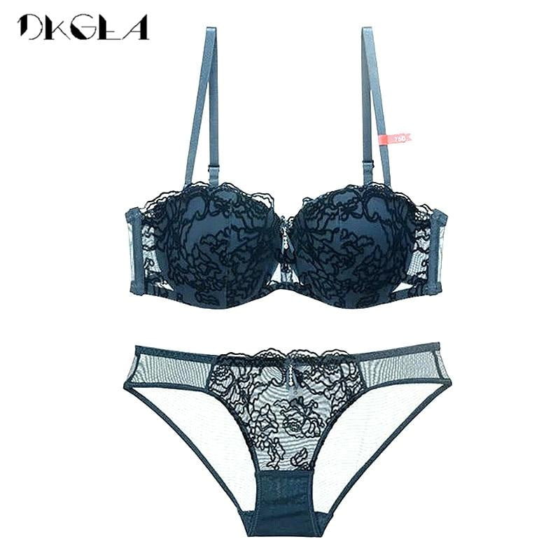 Comfortable Cotton Thick Brassiere Push up Bras Women Lingerie Sets Deep V Green Lace Embroidery Bra Sexy Underwear Set 3/4 Cup