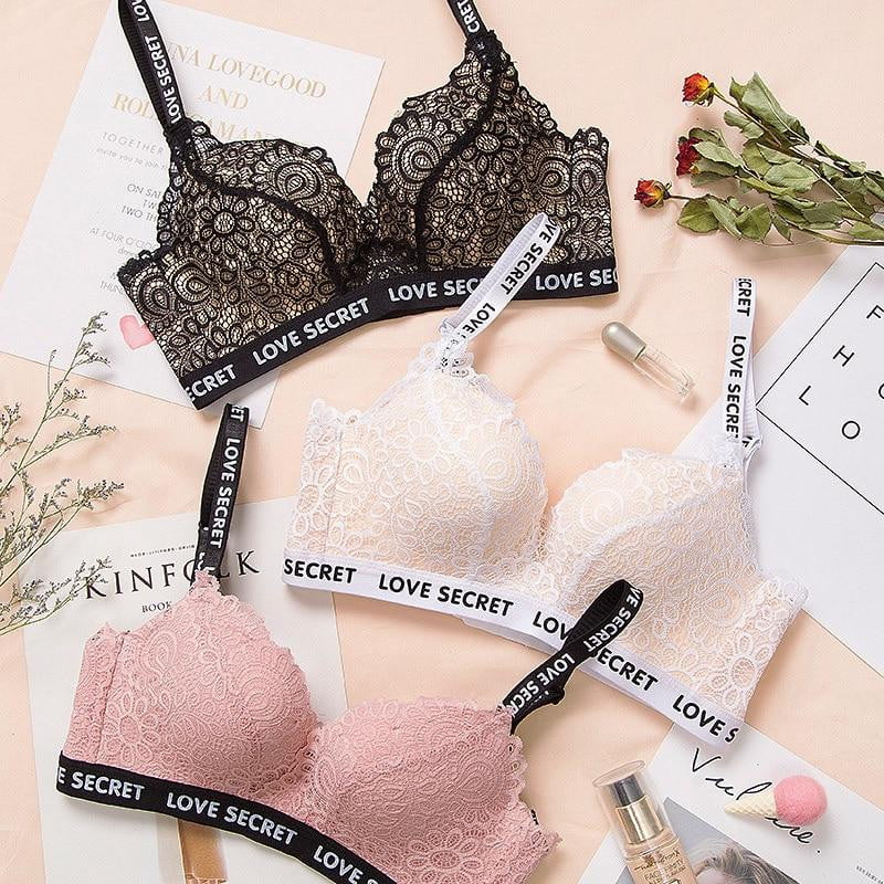 DERUILADY 2PCS Lace Floral Letter Straps Bra Women Plus Size Sexy Lingerie Comfort Adjusted Wireless Bralette Push Up Bra Female