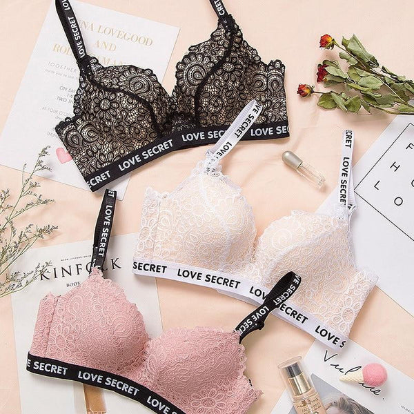 DERUILADY 2PCS Lace Floral Letter Straps Bra Women Plus Size Sexy Lingerie Comfort Adjusted Wireless Bralette Push Up Bra Female