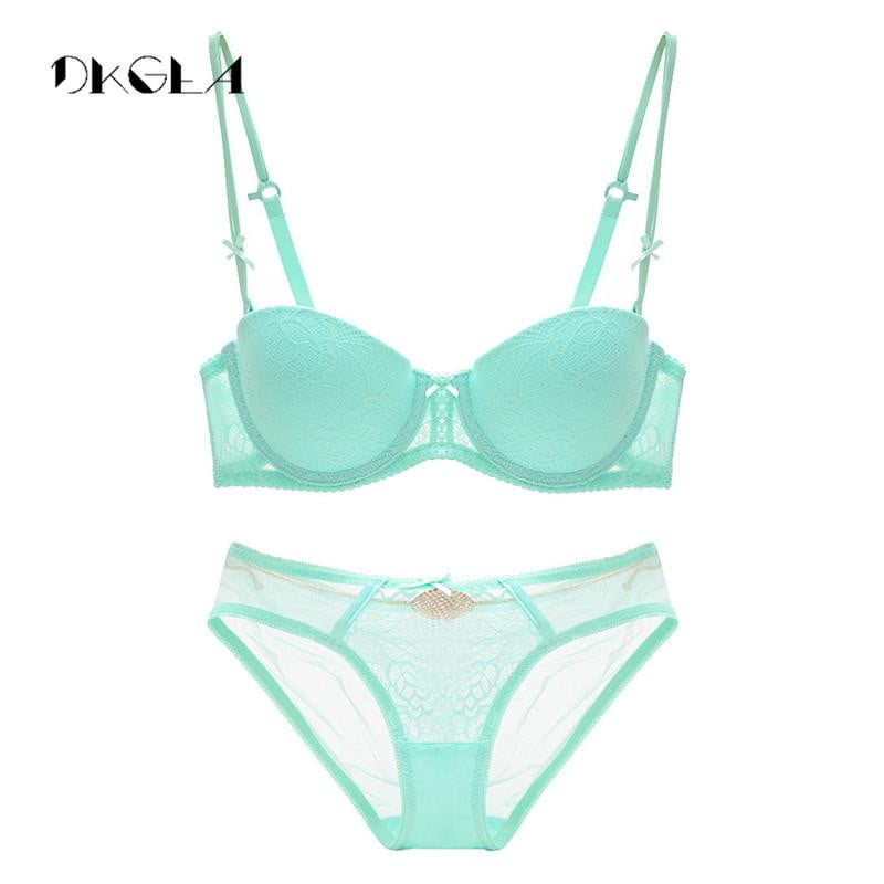 Deep v Women Push-up Bra Set 1/2 Cup Thick 38 36 34 Y-line Straps Lingerie Lace Floral Sexy Underwear Bra and Panty Sets Green