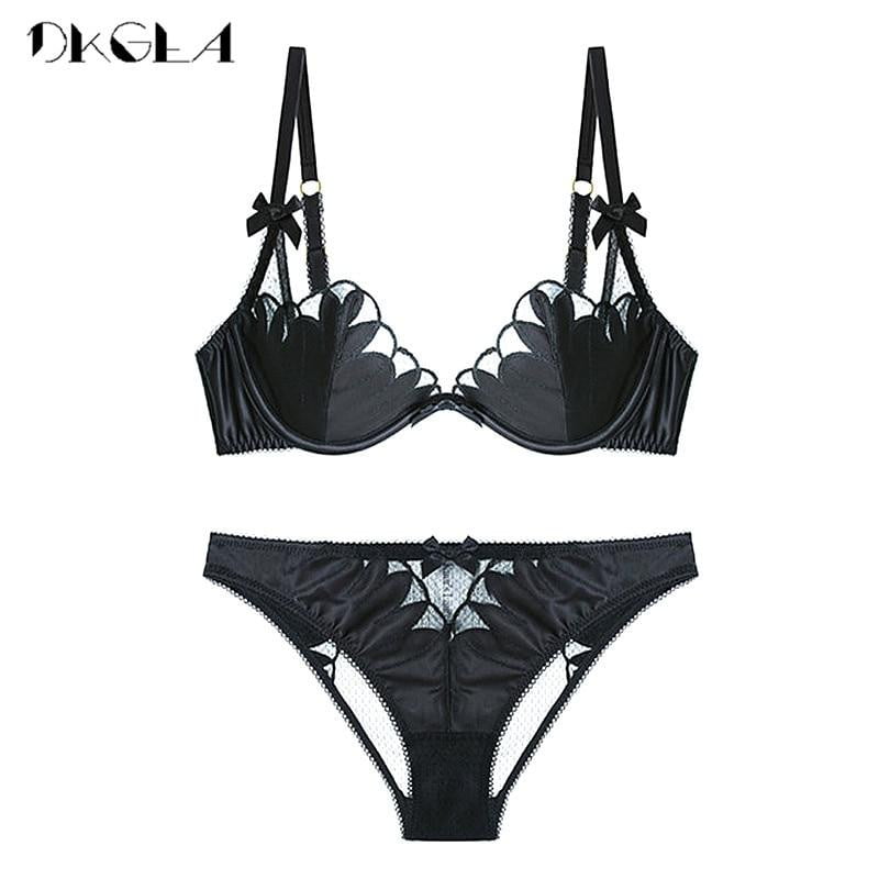 Europe New Fashion Sexy Bra Black Lace Lingerie Set Thin Cotton1/2 Cup Underwear Women Set embroidery Brassiere Hollow Out