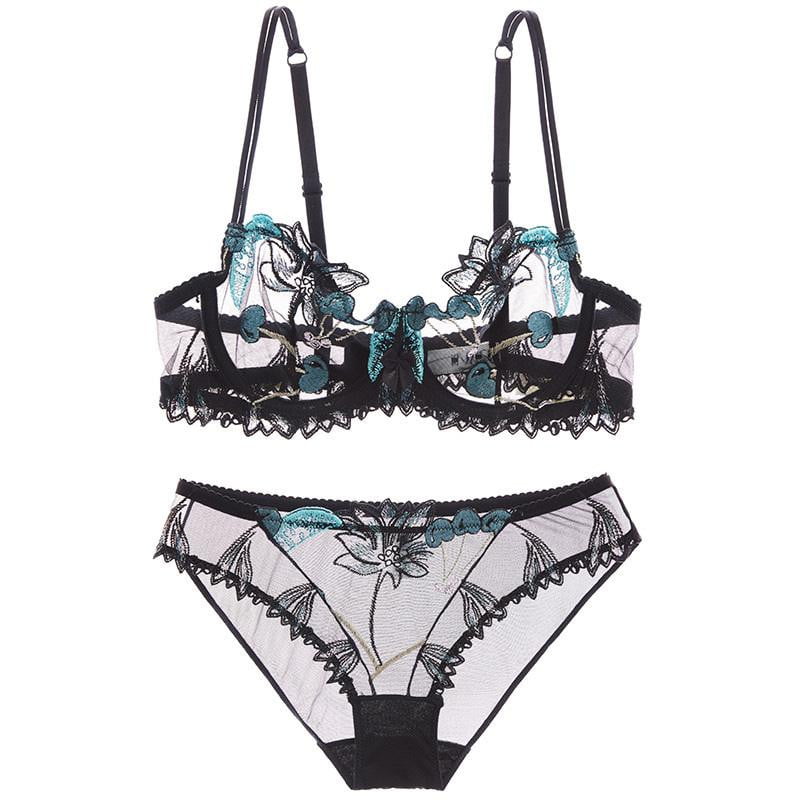 Fashion Cherry Embroidery Flowers Lace Lingerie Set Transparent Underwear Women Plus Size D Cup Sexy Bra Panty Sets Black Bow