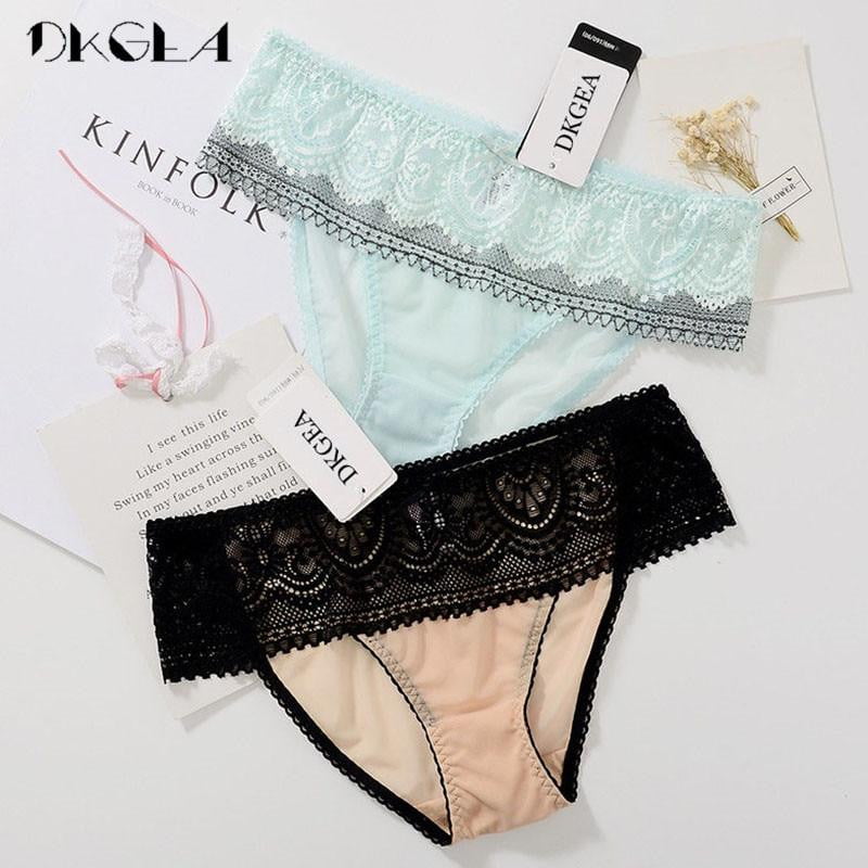 Fashion Comfort Sexy Panties Women Underwear Lace Embroidery Flowers Briefs Transparent Plus Size XL Panty 2 Piece Green+Black