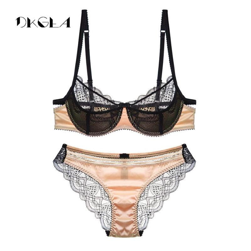 Fashion Lace Lingerie Set For Women Thin Cotton Cup Transparent Bra And Panty Sets Embroidery Floral Sexy Underwear Set Black