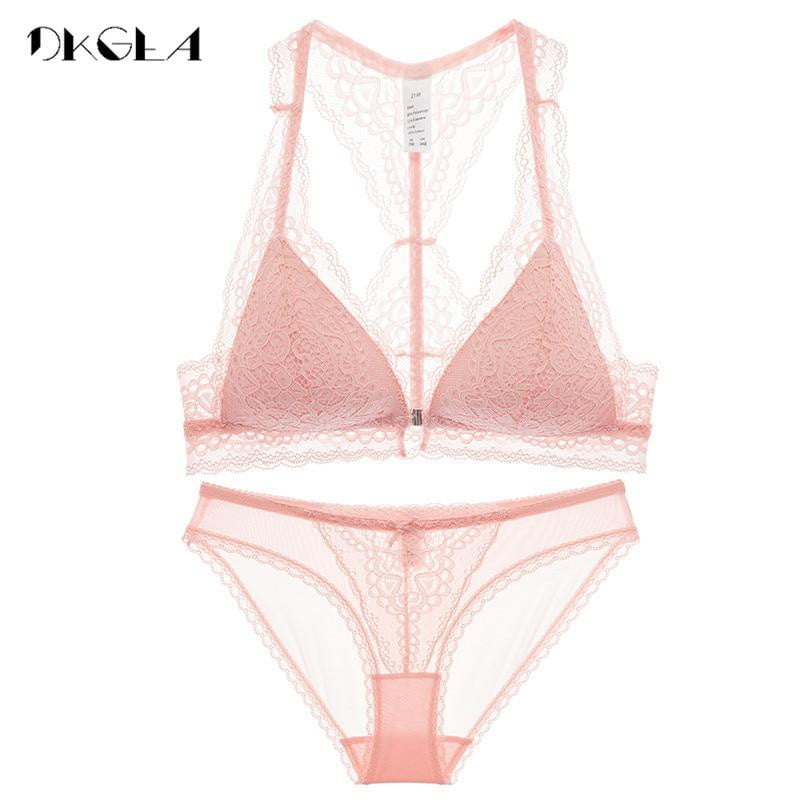 Fashion Women Underwear Set Sexy Ultrathin VS Pink Lingerie Lace Front Closure Bra Set Embroidery Black Brassiere Wire Free Bras