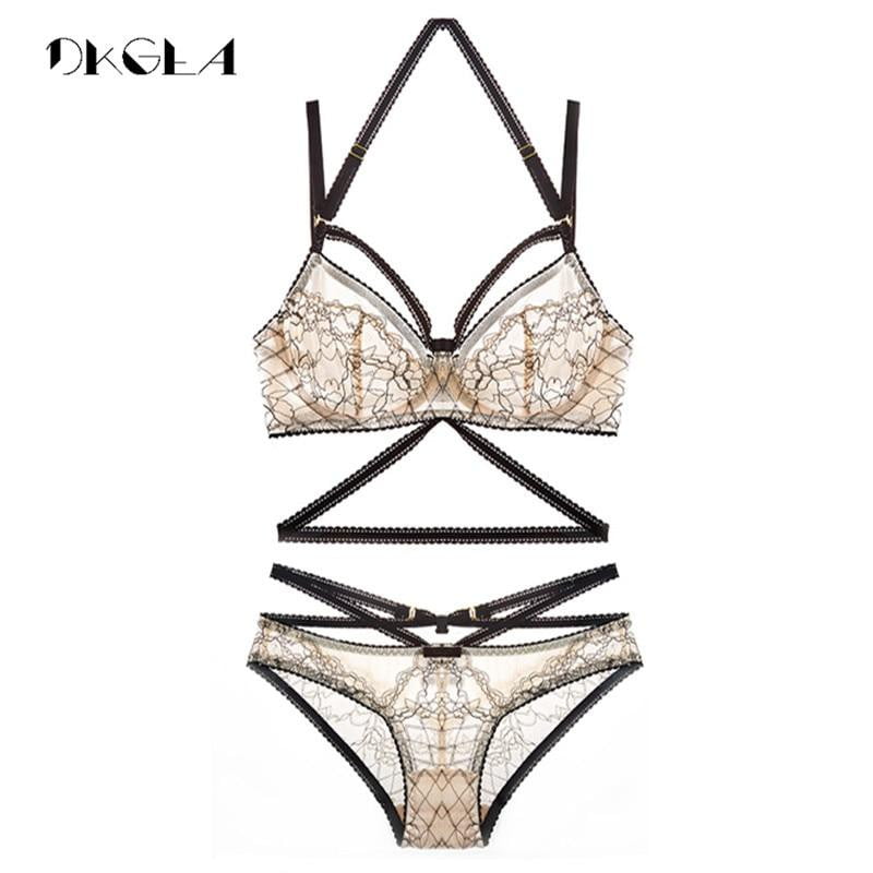 France Embroider White Lace Underwear Support Lingerie Set For Women Transparent Bra set Sexy Halter Bandage Deep V Temptation