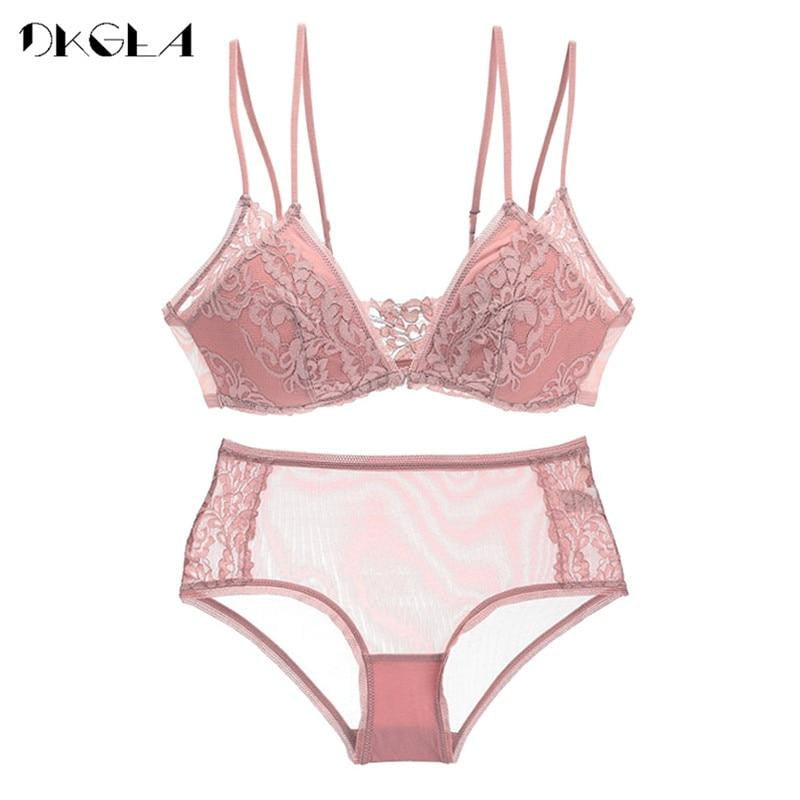 France Sexy Women Bra Set Front Closure Transparent Underwear Set XL L M S Embroidery Lace Lingerie Set Pink Brassiere Ultrathin