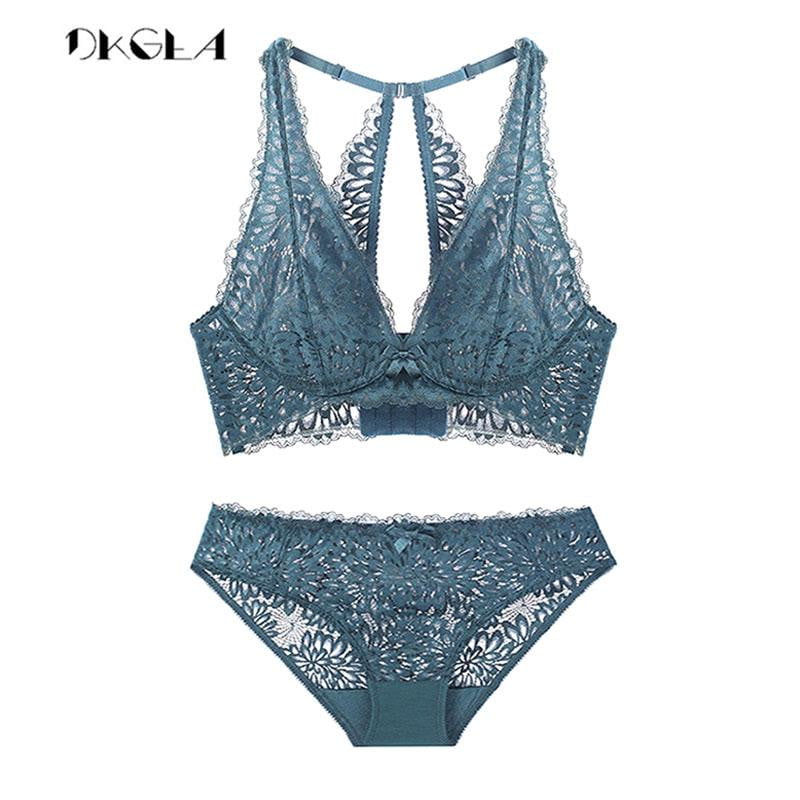 Green Embroidery Bra Set Sexy Brassiere Unlined See Through Bra and Panties Sets Women Lingerie Transparent Underwear Set Lace