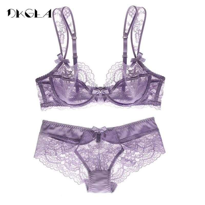 Hollow Out Bra Underwear Set Transparent Lace Ultrathin Sexy Lingerie Set Women embroidery Plus Size Purple Bra And Panty Sets