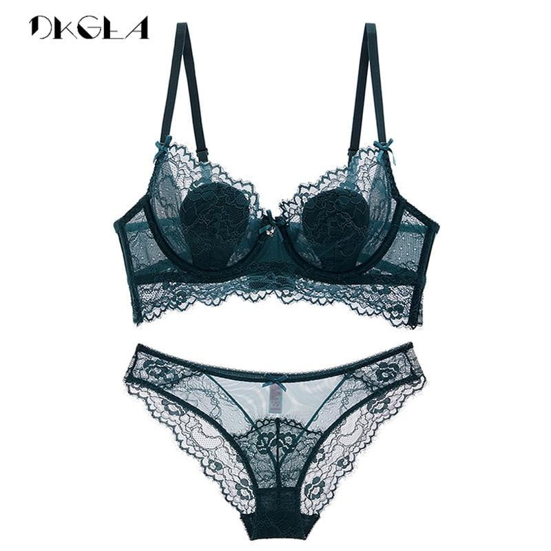 Hollow Sexy Bra Set Plus Size C D Cup Brassiere Green Women Lingerie Sets Embroidery Bras Eyelash Lace Underwear Set Transparent