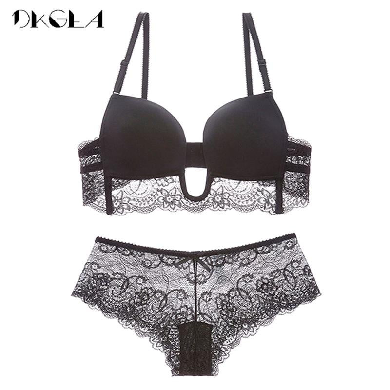 Hot Sexy Bra Set Push Up Women Lingerie U Plunge Bras Lace Underwear Set Wire Free Brassiere Deep V Bra and Panties Sets Black