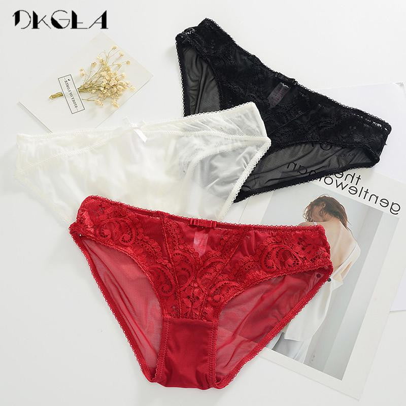 Low-rise Lace Panties 3 Piece Black+White+Red Women Underwear Comfortable Transparent Briefs Plus Size XL Embroidery Sexy Panty