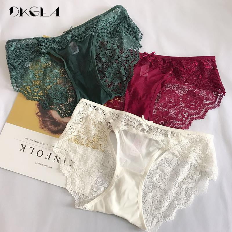 Low-rise Sexy Panties 3 Piece White+Green+Red wine Women Underwear Lace Transparent Briefs Hollow Out Embroidery Panty XL L M S