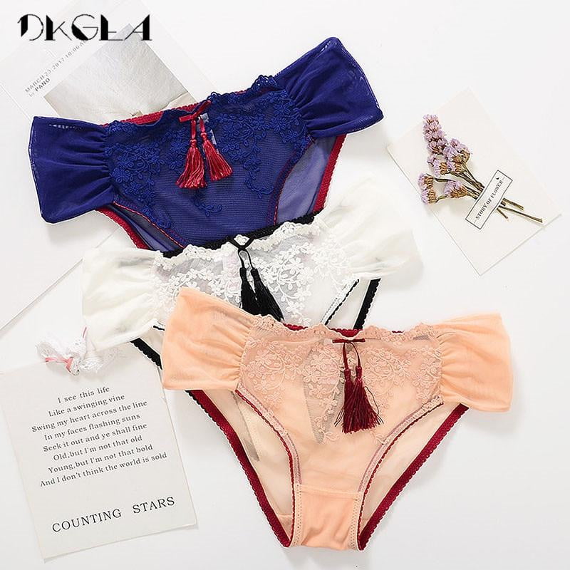 Low-rise Transparent Panties 3 Piece Blue+White+Pink Women Underwear Lace Briefs Hollow Out Embroidery Tassel Sexy Panty XL L M