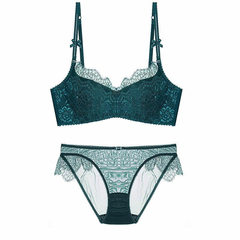 Luxury Women push up bra set thin cotton brassiere lace underwear set push size green sexy bra panty sets lingerie