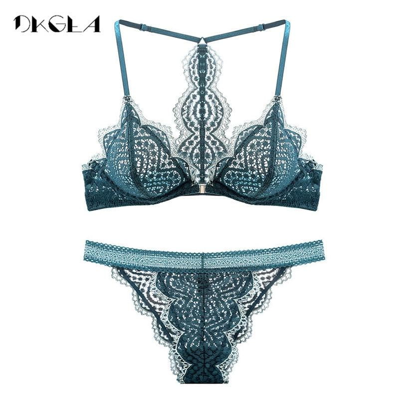 New Arrivals Front Closure Bra Transparent Embroidery Lace Underwear Women Ultrathin Sexy Lingerie Set Green Bra And Panty Set