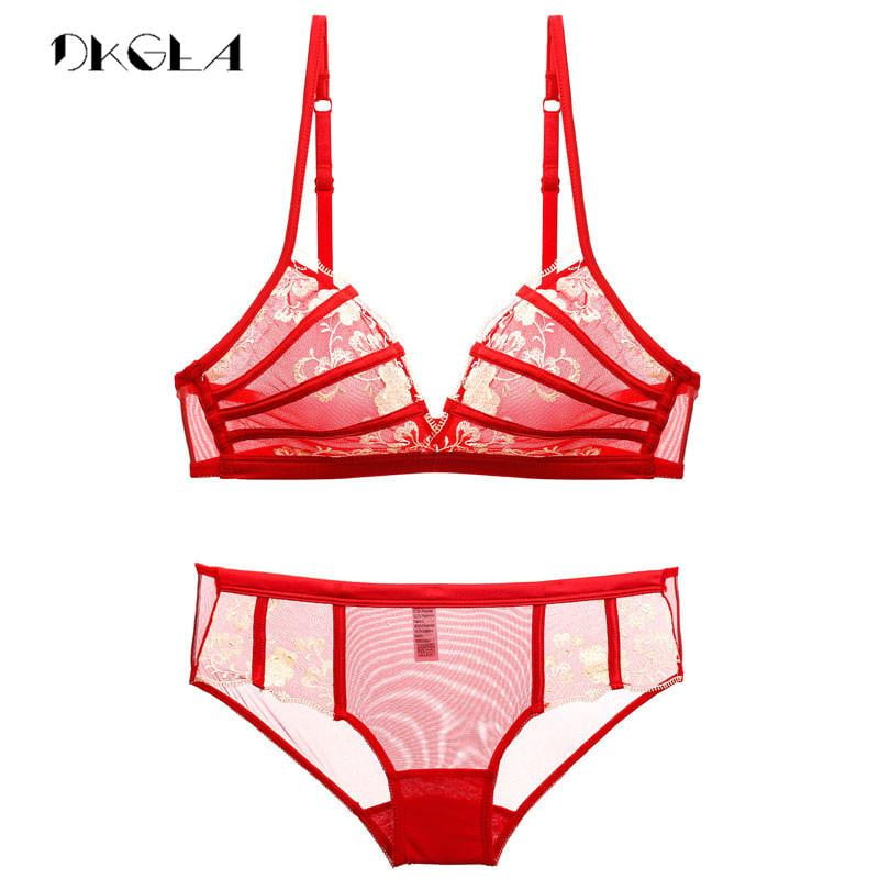 New Comfortable Wire Free Bra and Panties Sets Sexy Red Underwear Set Women Transparent Bras Embroidery Lace Lingerie Set Black