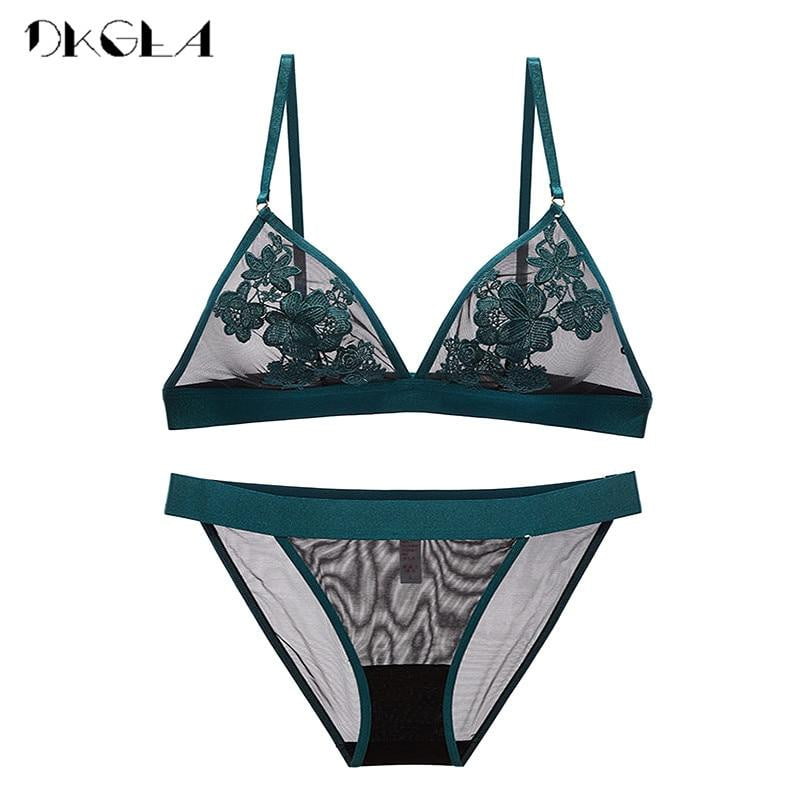 New Fashion Flowers Embroidery Lace Blue Lingerie Set Transparent Bras Women Sexy Underwear Sets Plus Size XL L See Through Bra