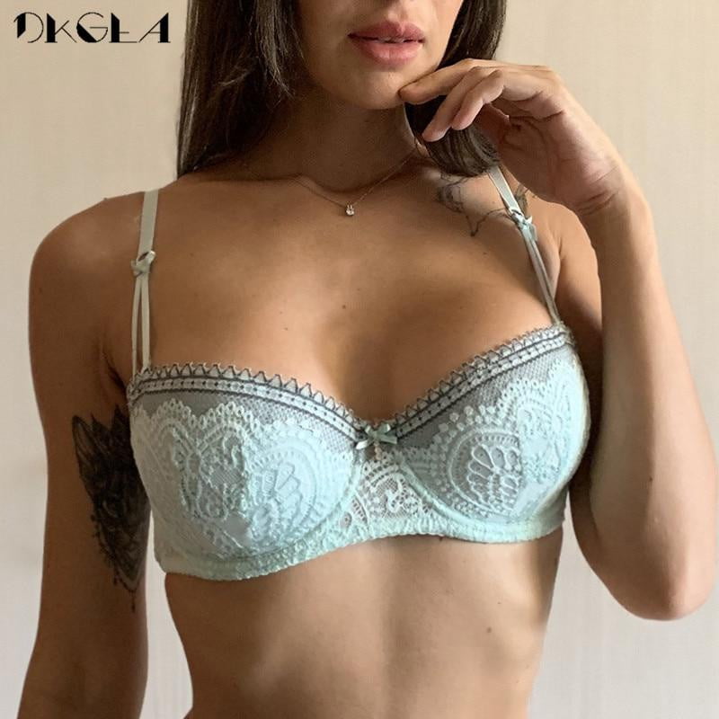 New Fashion Half Cup Bra Plus Size C D Cup Brassiere Plunge Women Bras Sexy Lace Underwear Black Thin Cotton Embroidery Lingerie