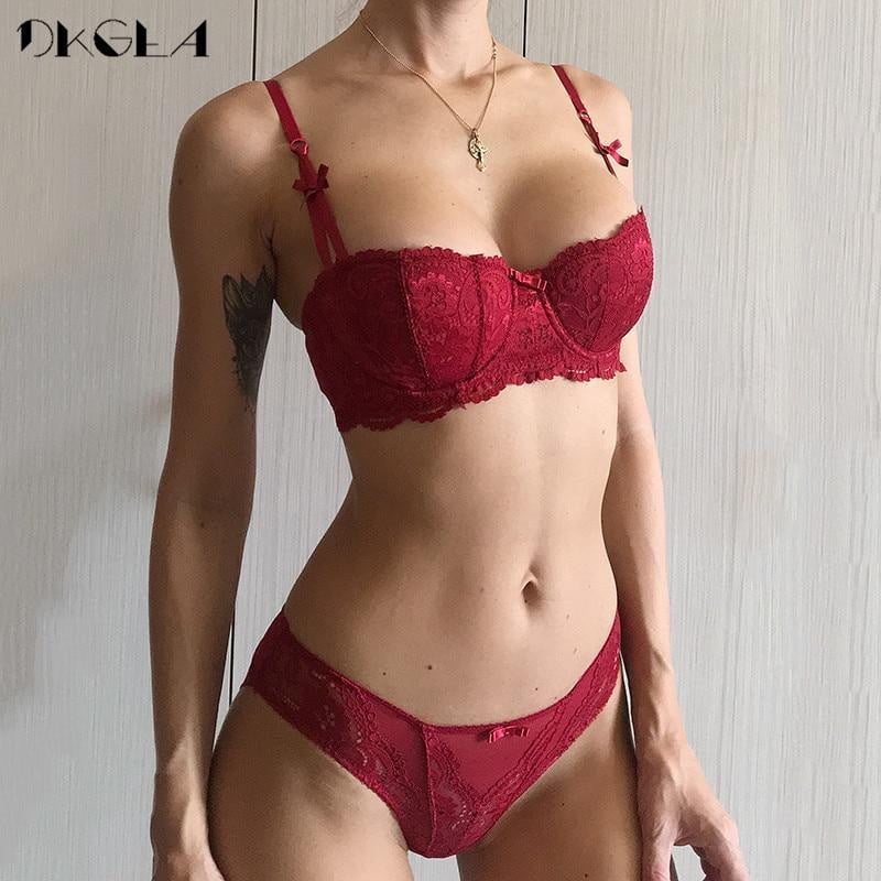 New Half Cup Bra Panties Sets Red Women Lingerie Set Embroidery White Brassiere Thin Cotton Sexy Underwear Set Lace Bra C D Cup