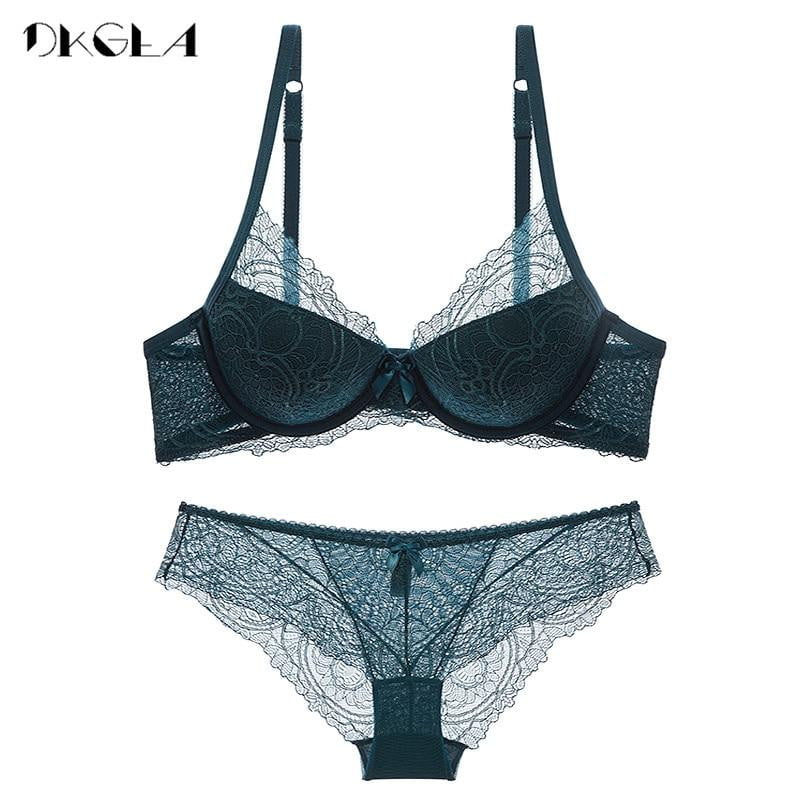 New Top Green Push up Bra Set Lace Lingerie 3/4 Cup Brassiere Cotton Black Deep V Sexy Underwear Set Women Bras Gather A B C Cup