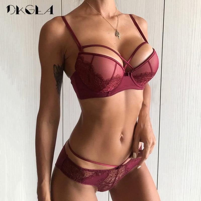 New Top Sexy Underwear Push up Bra Set Cotton Brassiere Deep V Black Lace Bra and Panty Sets Embroidery Women Lingerie Set Green