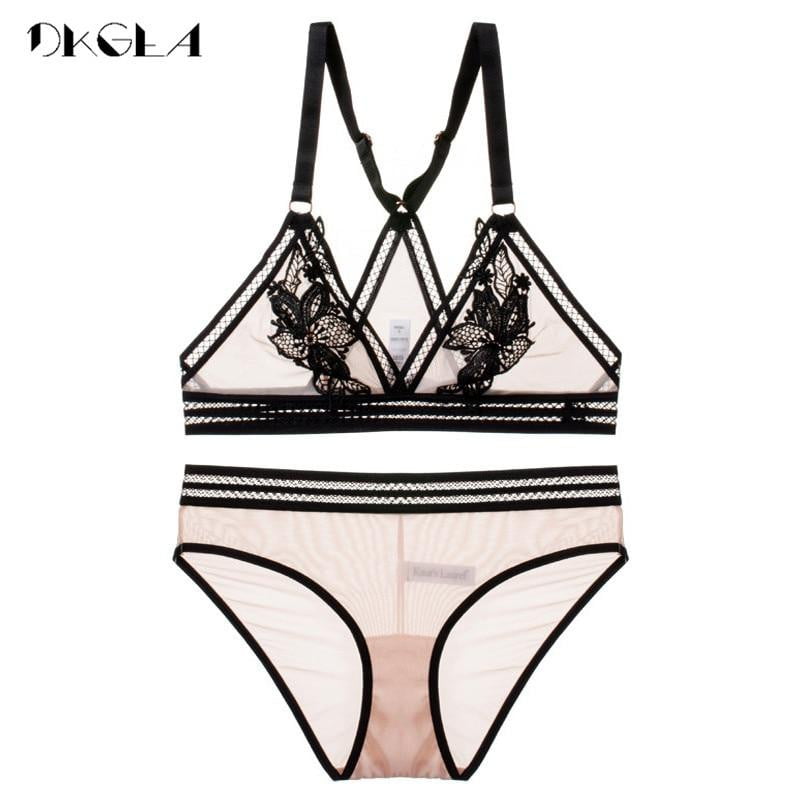 New Transparent Bra Panties Set Women Lingerie Lace Embroidery Brassiere Wire Free Vest Bra Y-line Straps Sexy Underwear Sets