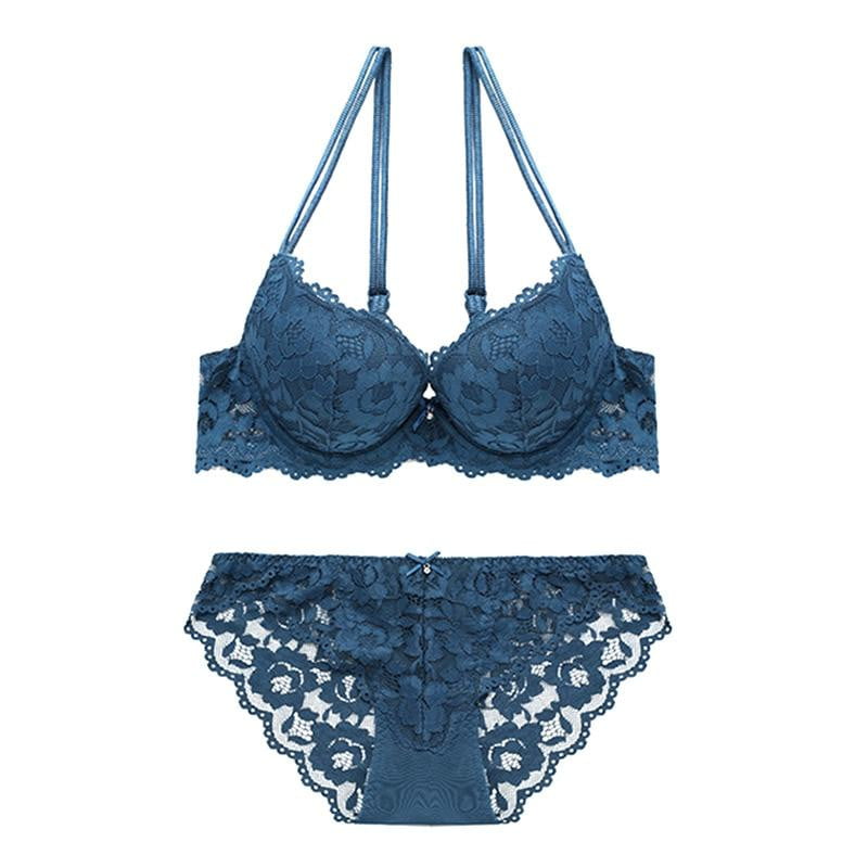 New fashion Blue push up bra set deep v brassiere thick lingerie set lace sexy women underwear set cotton comfortable B C cup