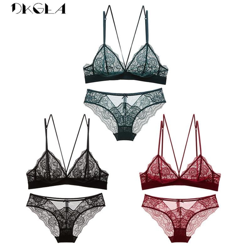 Seamless Brassiere Lace Lingerie Sexy Bra Set 3 Piece Black Green Wine red Transparent Embroidery Bras Women Underwear Set