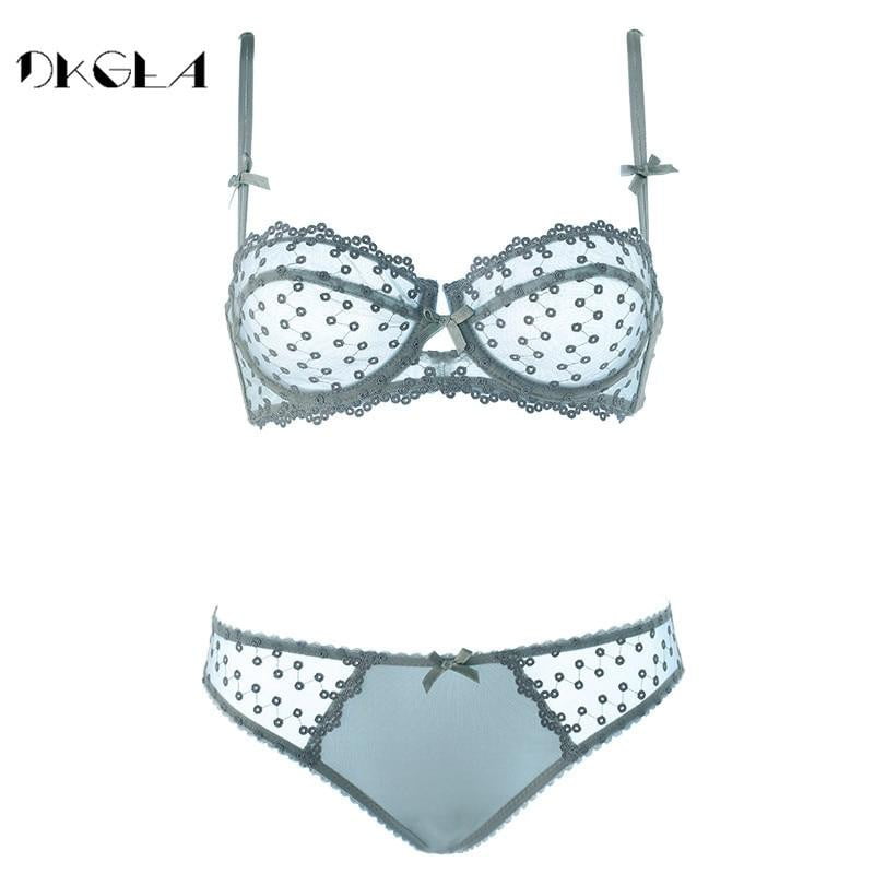 Sexy Plus Size Bra Set Half Cup Brassiere Sosten Encaje Dots Embroidery Lingerie White Transparent Bras Underwear Sets For Women