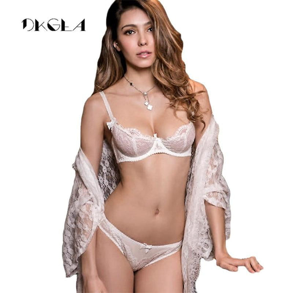 White Lace Bra Set 1/2 Cup Hollow Out Brassiere See Through Bra Transparent Lingerie Women Plus Size Sexy Underwear Sets