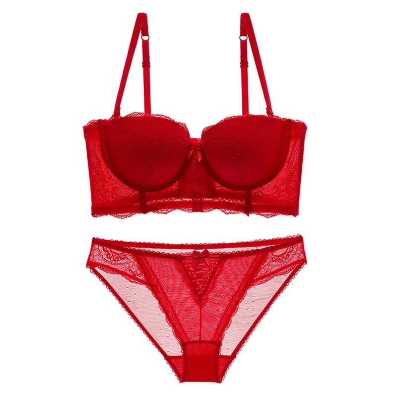 Women Sexy Half Cup Bra Set Lace Wedding Underwear Red Strapless Bra Lingerie Deep V Push Up Bra Cotton Think Gather Brassiere